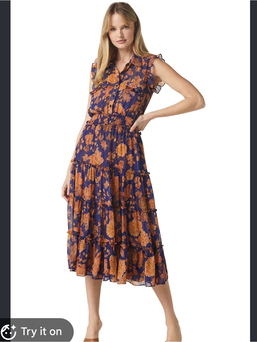 Misa Los Ángeles Tina Blue and Marigold Floral Tiered Midi Dress Small